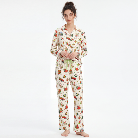 Christmas Green Face Sleigh Gift Ride and Candy Canes Print Bamboo Women's Pajamas Set