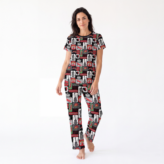 Halloween Spooky Skate Patchwork Print Bamboo Women's Pajamas Set