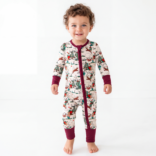Christmas Cowboy Baby Bamboo Zipper Romper Pajamas