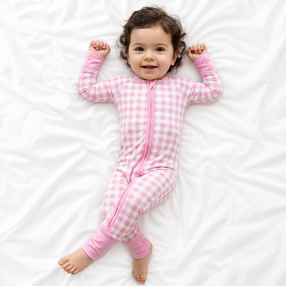 Pink Blush Check Sweet Dreams Bamboo Zipper Romper Pajamas