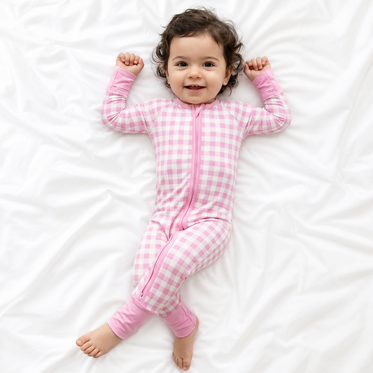 Pink Blush Check Sweet Dreams Bamboo Zipper Romper Pajamas
