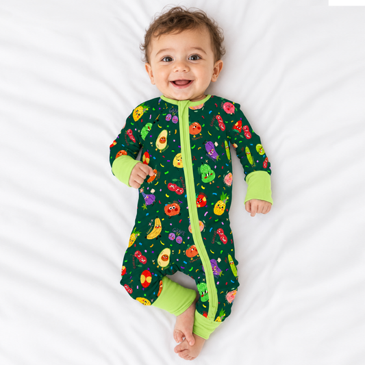 Bountiful Fruit Cherry and Banana Nighttime Bamboo Zipper Romper Pajamas
