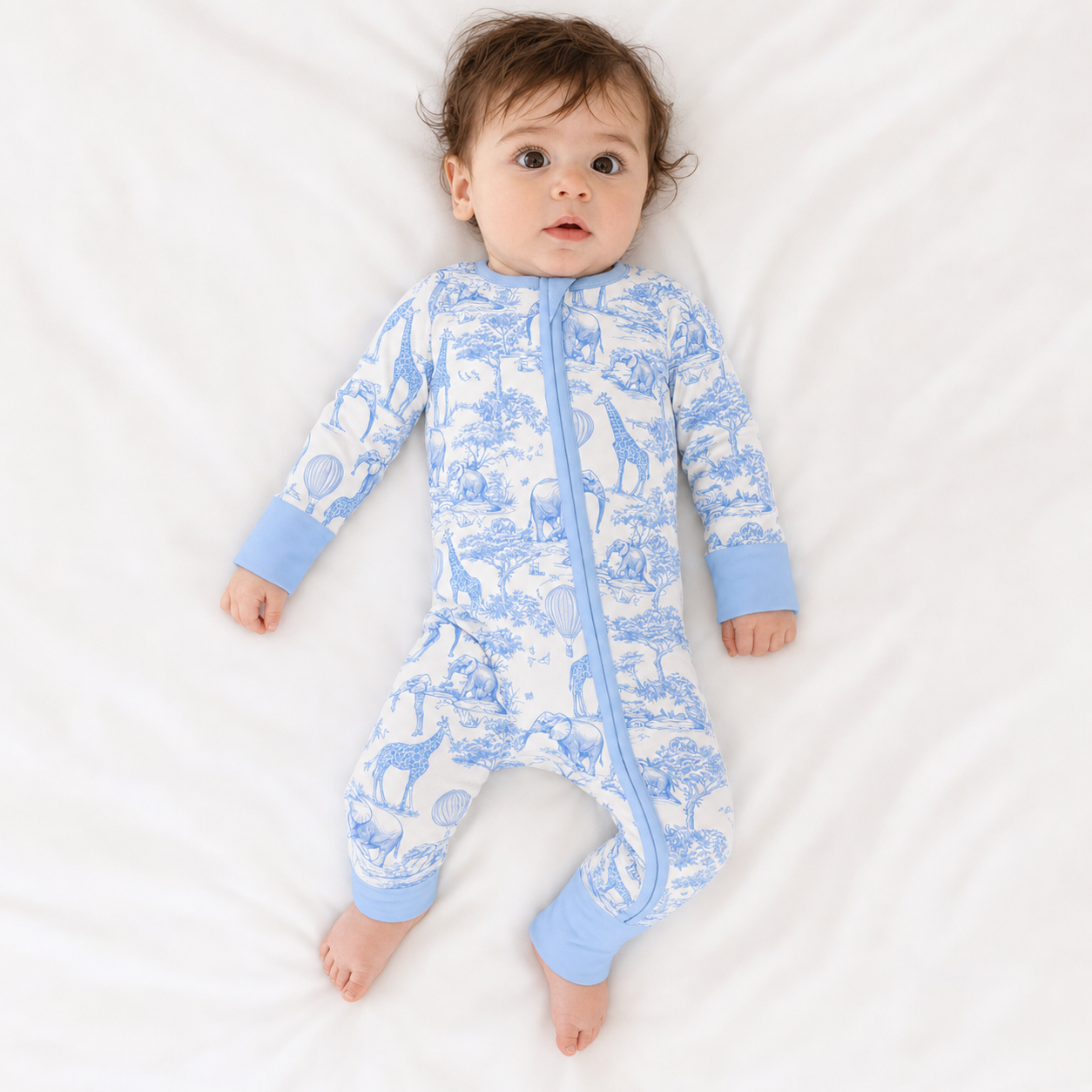 Safari Animal Jungle Sketch Blue Bamboo Zipper Romper Pajamas