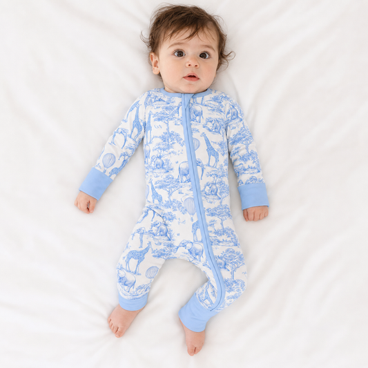 Safari Animal Jungle Sketch Blue Bamboo Zipper Romper Pajamas