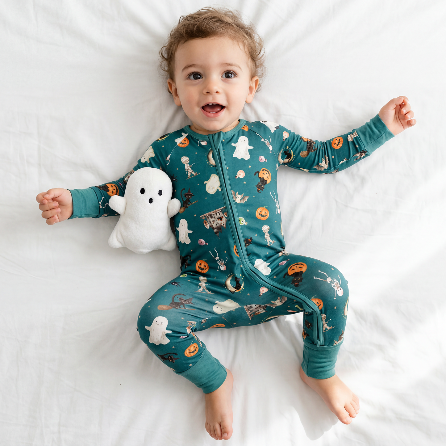 Halloween Spooky Ghost Pumpkin Patch Baby Bamboo Zipper Pajama Romper