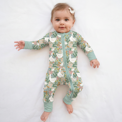 Daisy Goose Garden Meadow Floral Bamboo Zipper Romper Pajamas