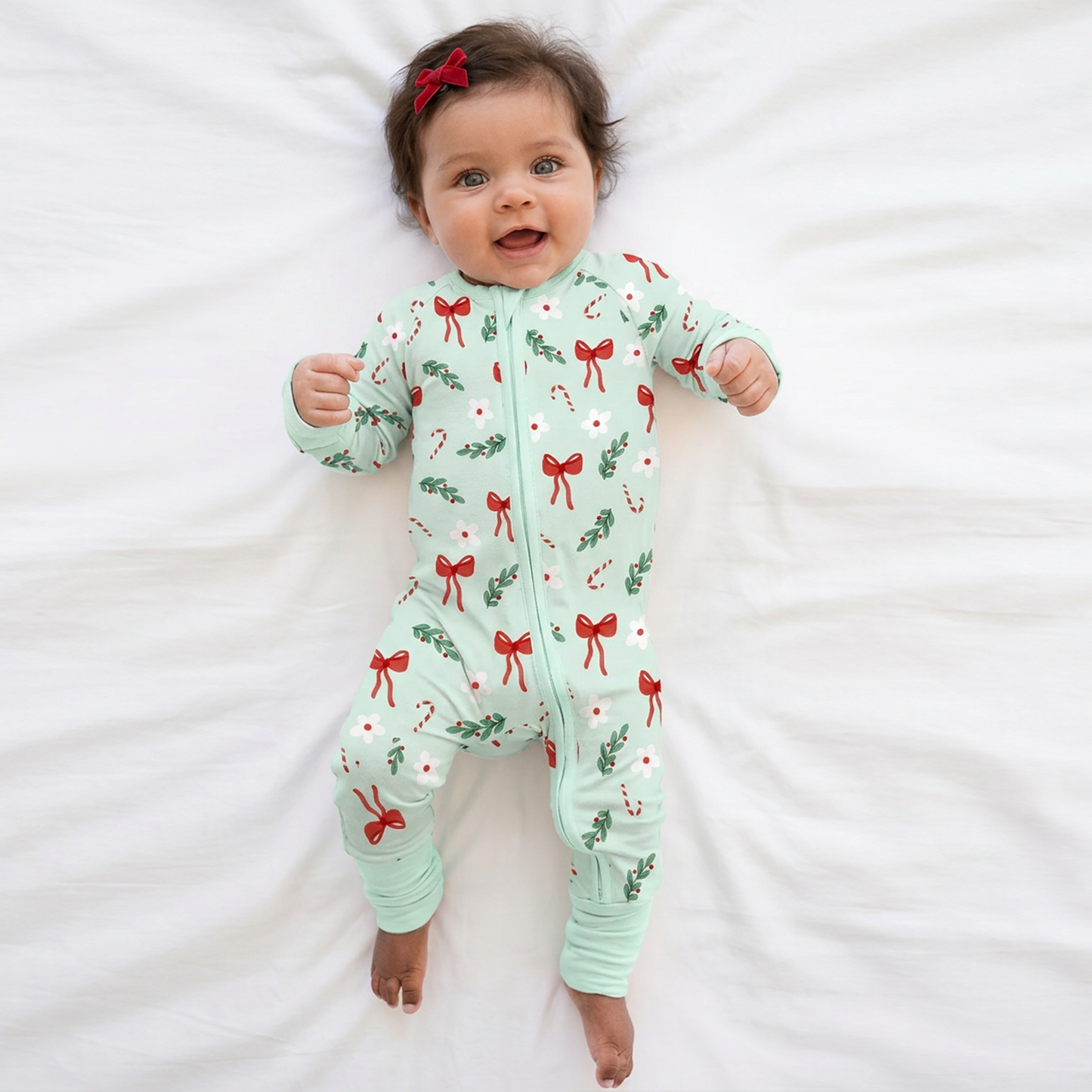 Christmas Bows and Candy Cane Garden Baby Bamboo Zipper Pajama Romper