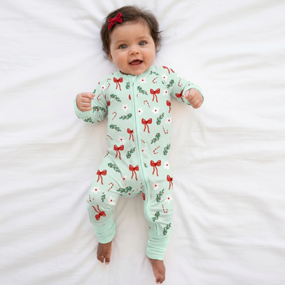 Christmas Bows and Candy Cane Garden Baby Bamboo Zipper Pajama Romper