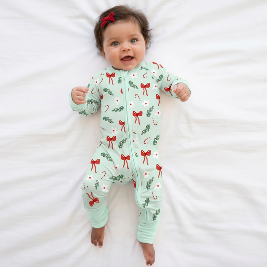 Christmas Bows and Candy Cane Garden Baby Bamboo Zipper Pajama Romper