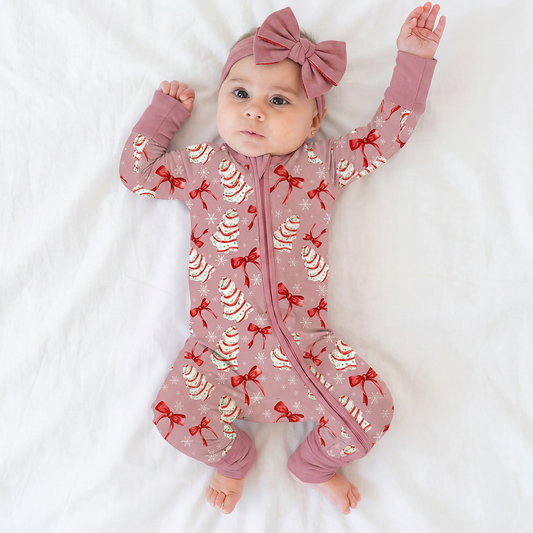 Christmas Pink Tree Cakes and Bows Bamboo Zipper Romper Pajamas