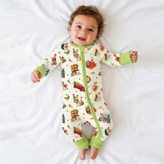 Christmas Green Face Sleigh Gift Ride and Candy Canes Bamboo Zipper Romper Pajamas