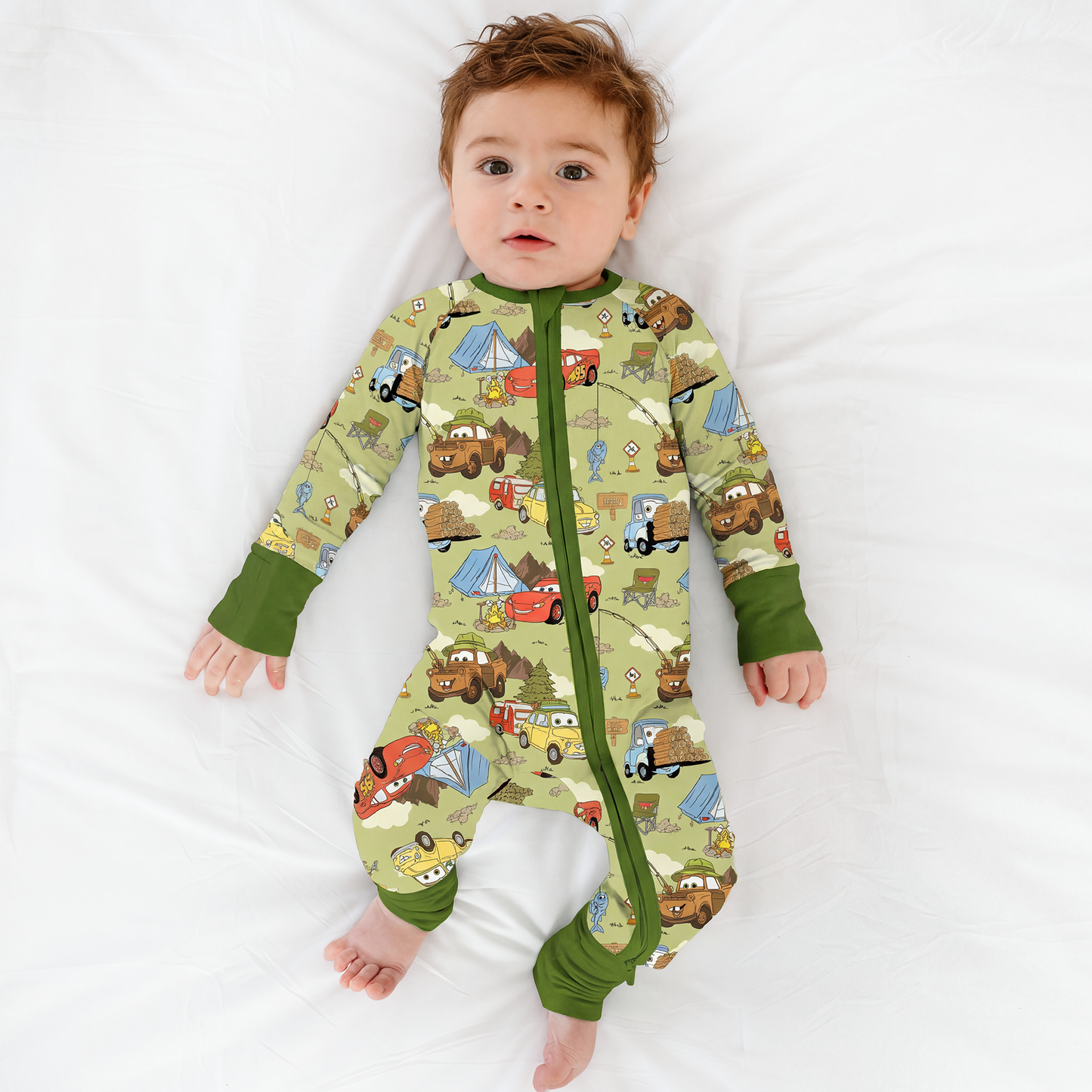Summer Forest Camping Cars Bamboo Zipper Romper Pajamas
