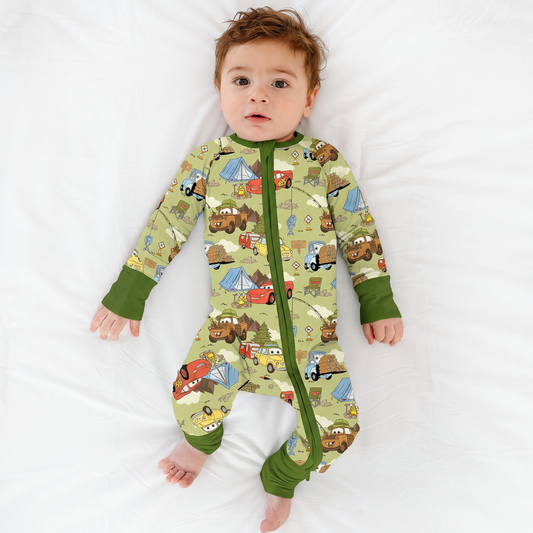 Summer Forest Camping Cars Bamboo Zipper Romper Pajamas