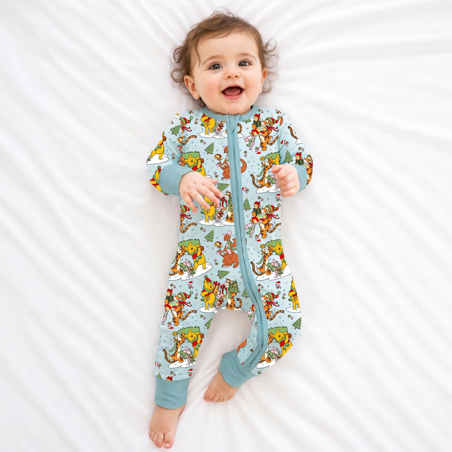 Christmas Snow Bear Friends Gift Bamboo Zipper Romper Pajamas