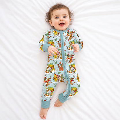 Christmas Snow Bear Friends Gift Bamboo Zipper Romper Pajamas