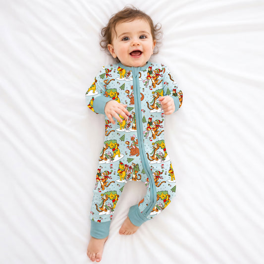Christmas Snow Bear Friends Gift Bamboo Zipper Romper Pajamas