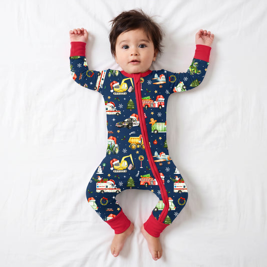 Christmas Winter Trucks Ride Adventure Red Baby Bamboo Zipper Pajama Romper