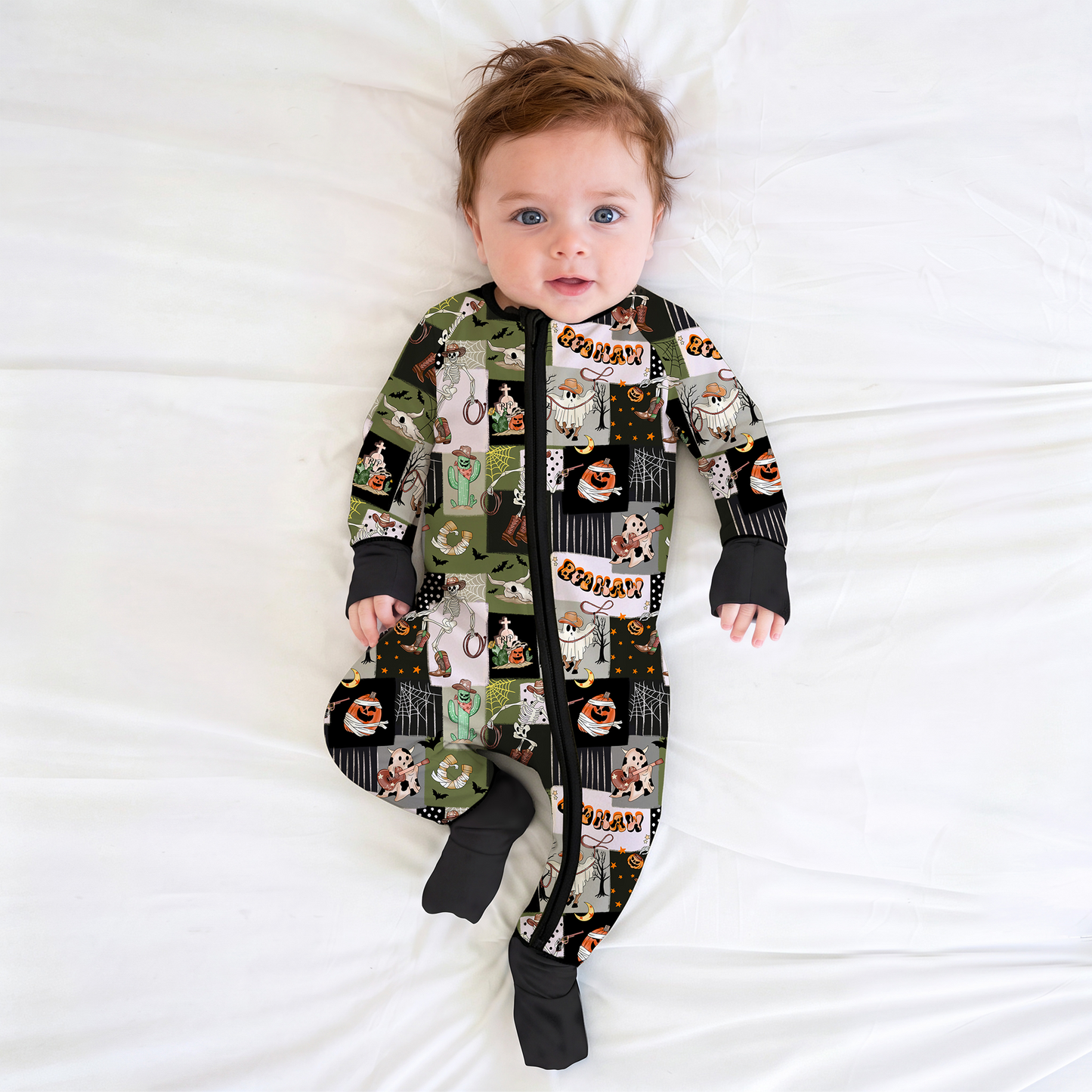 Halloween Western Cowboy Patchwork Baby Bamboo Zipper Pajama Romper