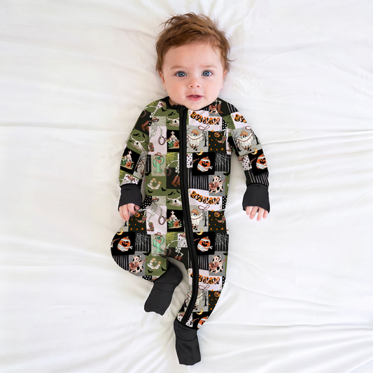 Halloween Western Cowboy Patchwork Baby Bamboo Zipper Pajama Romper