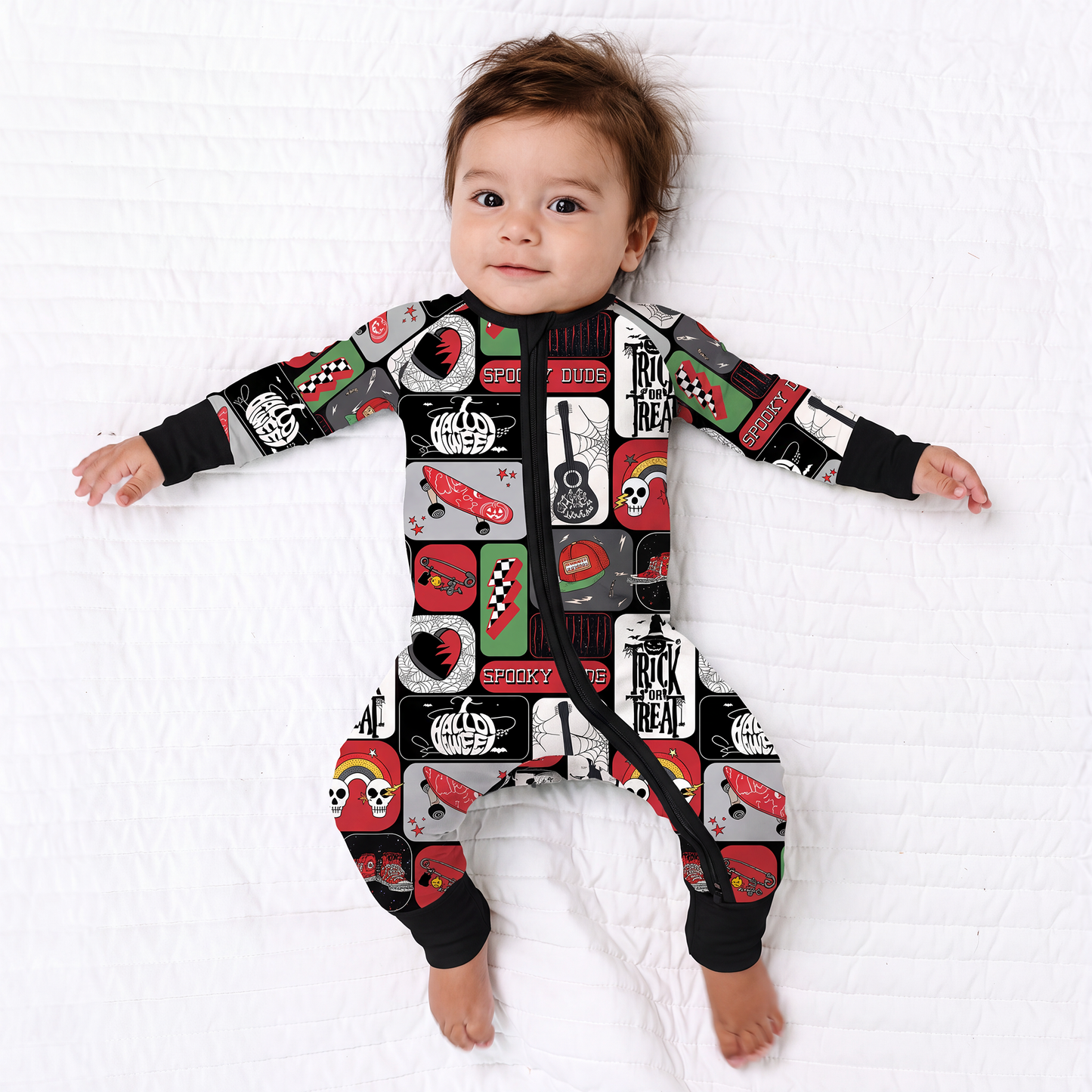 Halloween Spooky Skate Patchwork Baby Bamboo Zipper Pajama Romper