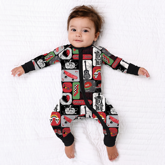 Halloween Spooky Skate Patchwork Baby Bamboo Zipper Pajama Romper