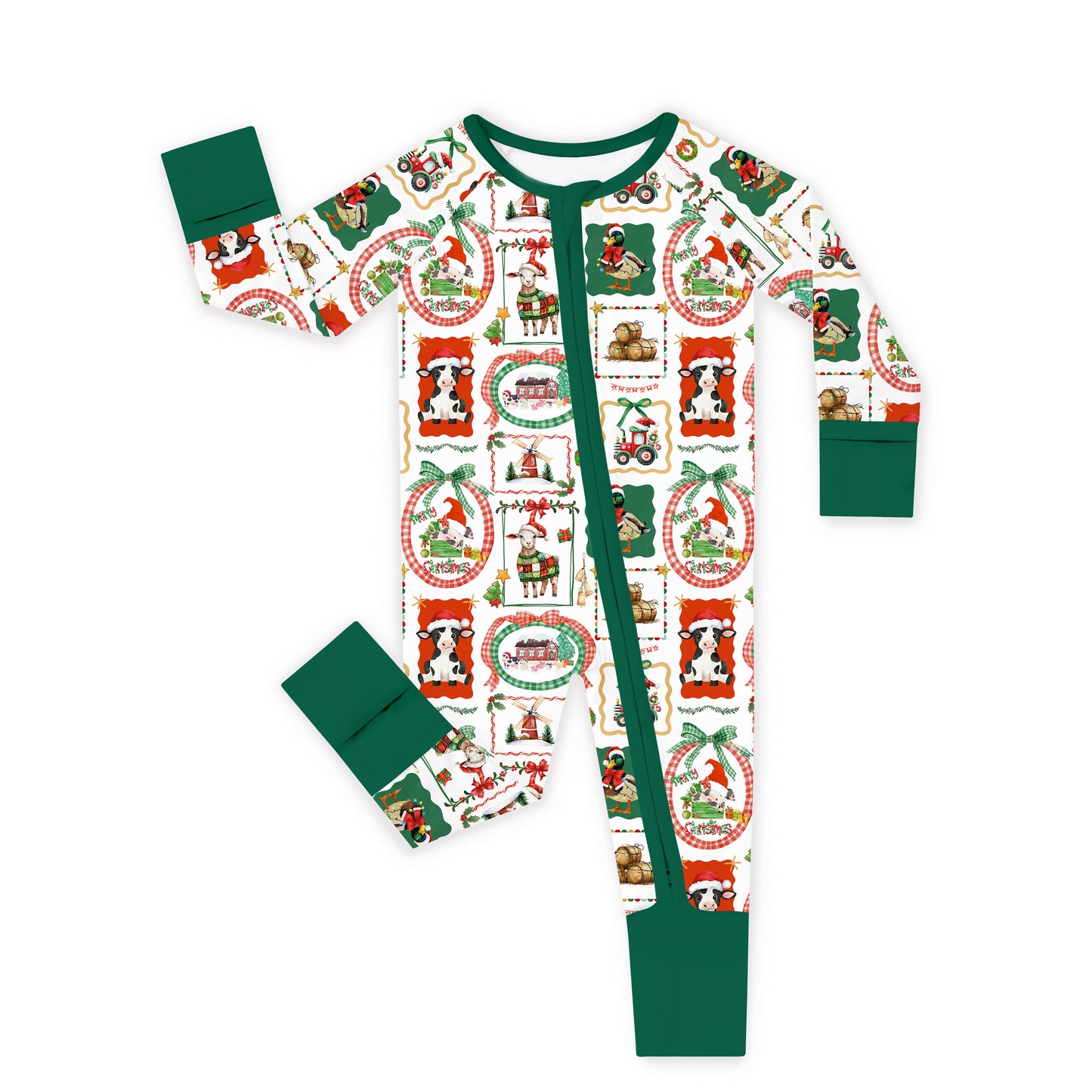Christmas Farm Animals Baby Bamboo Zipper Pajama Romper