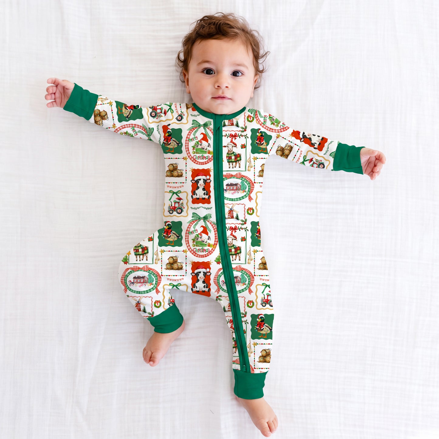 Christmas Farm Animals Baby Bamboo Zipper Pajama Romper