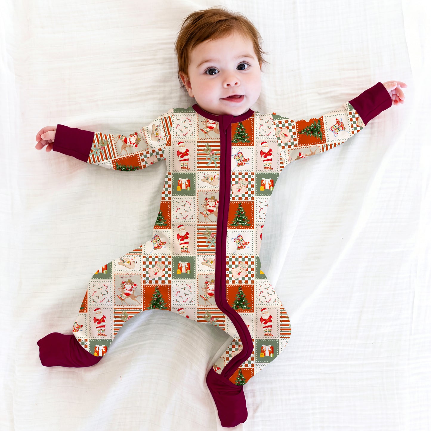Christmas Western Patchwork Baby Bamboo Zipper Pajama Romper