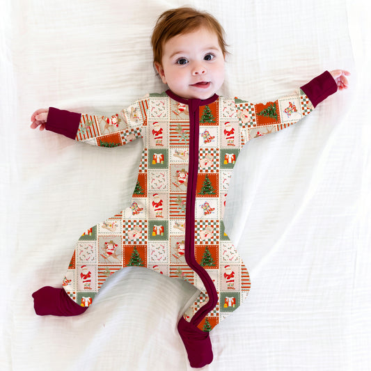 Christmas Western Patchwork Baby Bamboo Zipper Pajama Romper