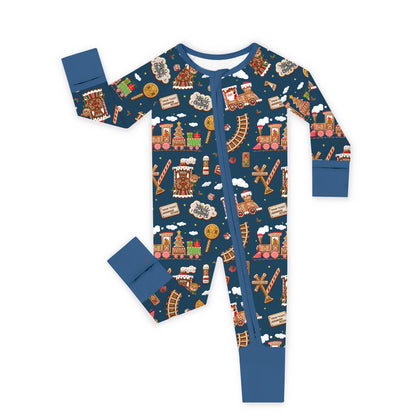 Christmas Gingerbread Train Navy Baby Bamboo Zipper Pajama Romper