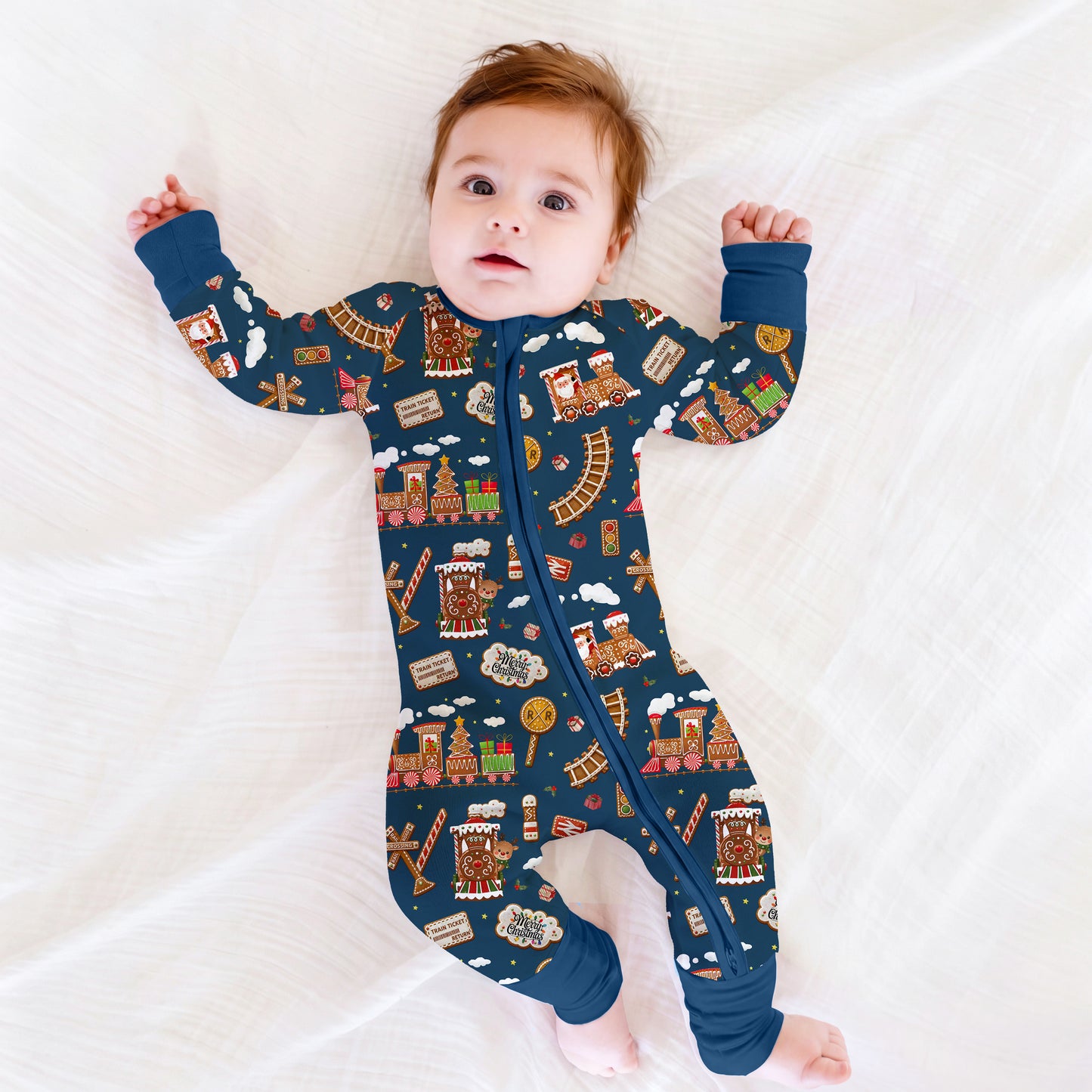 Christmas Gingerbread Train Navy Baby Bamboo Zipper Pajama Romper