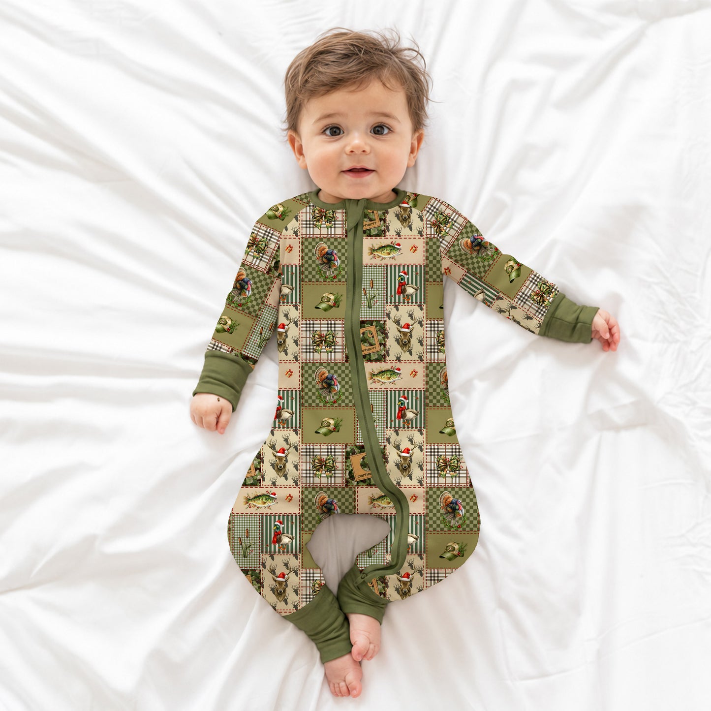 Christmas Cabin Patchwork Baby Bamboo Zipper Pajama Romper