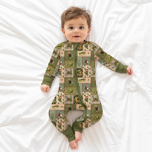 Christmas Cabin Patchwork Baby Bamboo Zipper Pajama Romper
