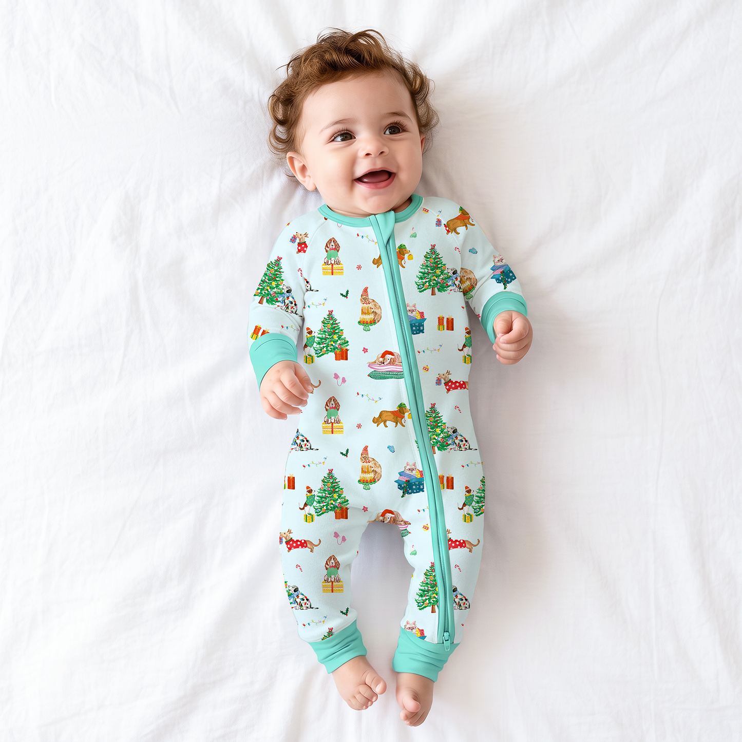 Christmas Holiday Dogs Baby Bamboo Zipper Pajama Romper