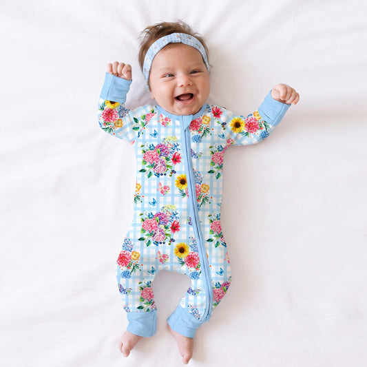 Gingham Garden Bouquet Bamboo Zipper Pajama Romper