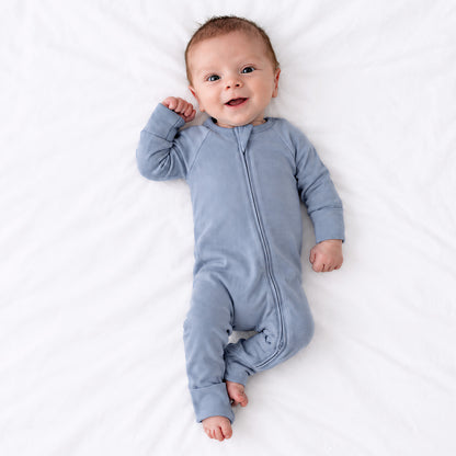 Greyish Misty Blue Bamboo Zipper Romper Pajamas