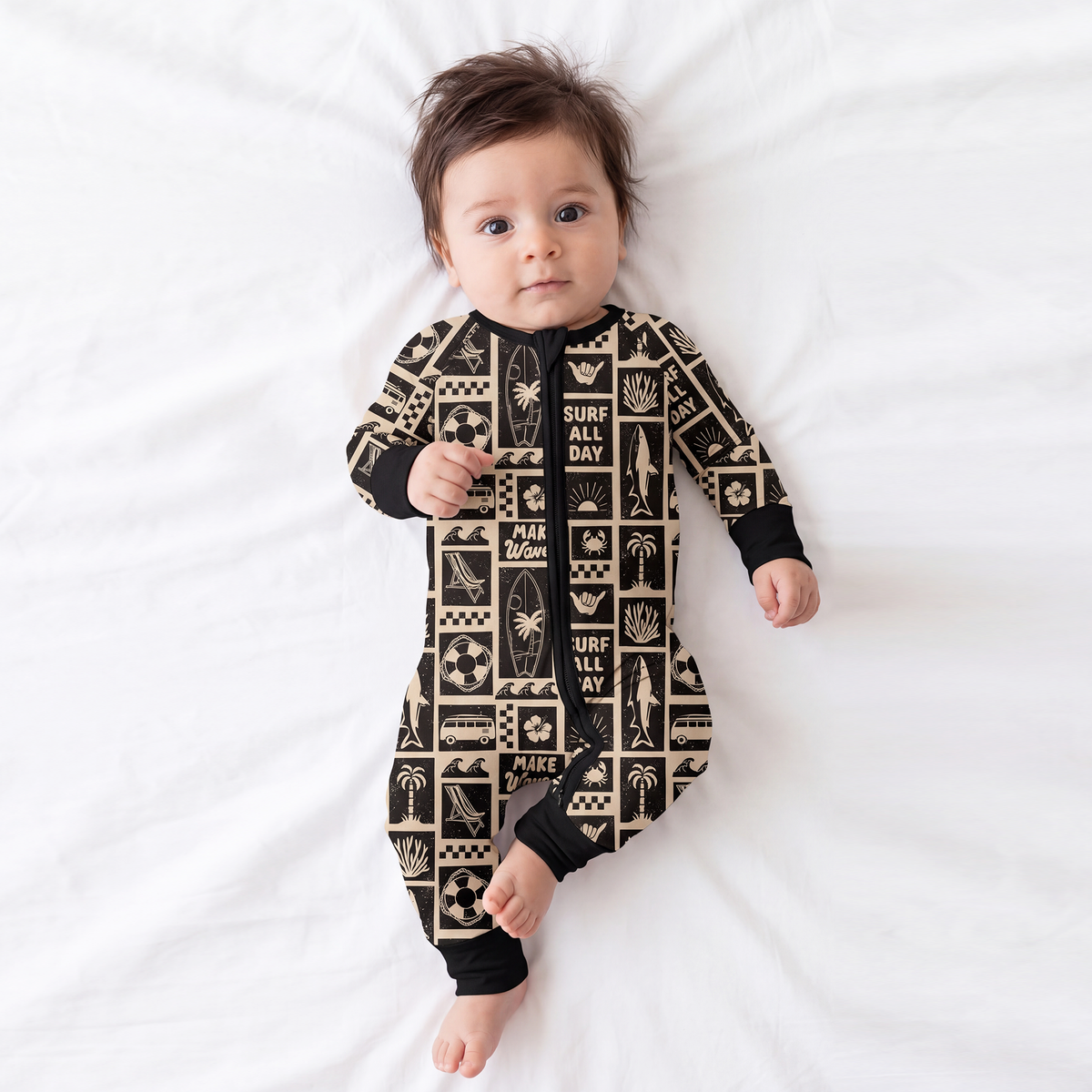 Retro Surf Waves Bamboo Zipper Pajama Romper