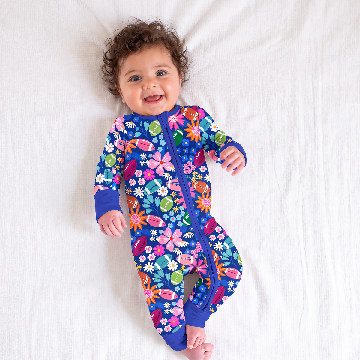 Game Day Blooms Blue Bamboo Zipper Pajama Romper