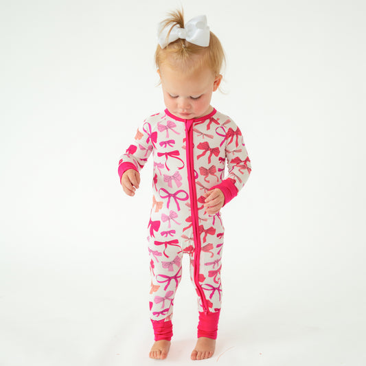 Pink Bow Bamboo Zipper Romper Pajamas