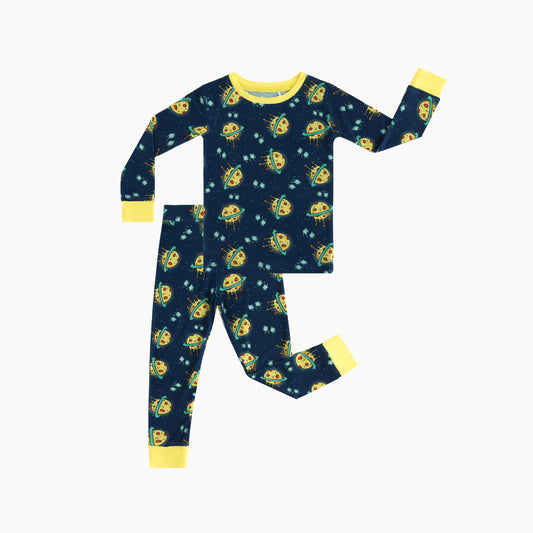 Deep Blue Cartoon Planet Bamboo Two-Piece Pajama Set