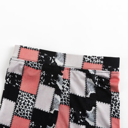 Coral Pink, Black & White Graphic Patchwork Kids Two-Piece Pajama Set