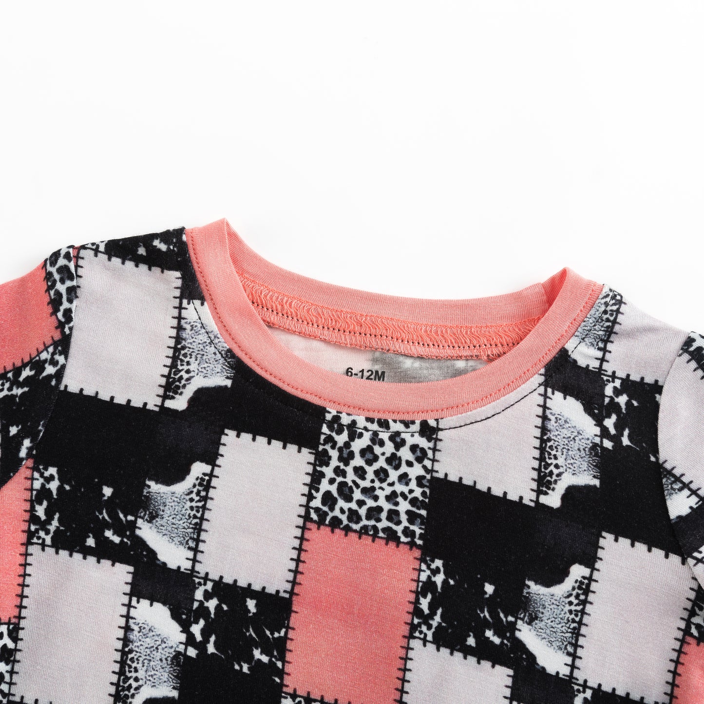 Coral Pink, Black & White Graphic Patchwork Kids Two-Piece Pajama Set