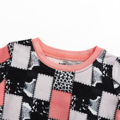 Coral Pink, Black & White Graphic Patchwork Kids Two-Piece Pajama Set