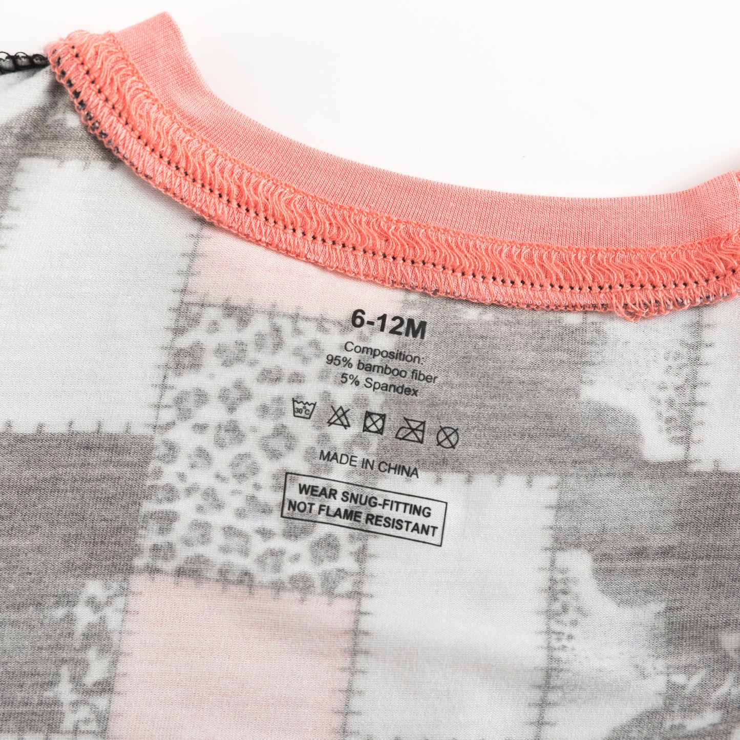 Coral Pink, Black & White Graphic Patchwork Kids Two-Piece Pajama Set