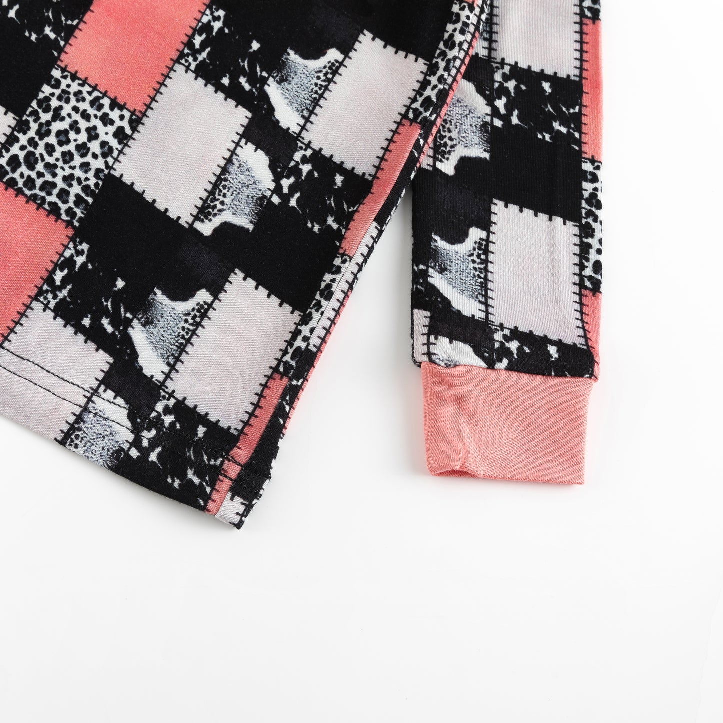 Coral Pink, Black & White Graphic Patchwork Kids Two-Piece Pajama Set