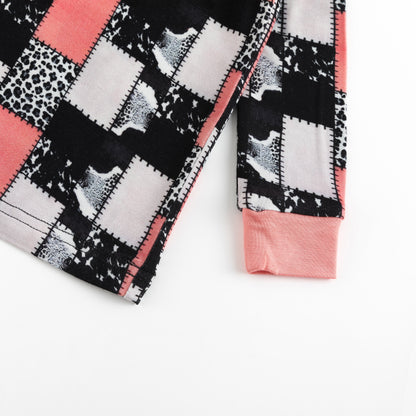 Coral Pink, Black & White Graphic Patchwork Kids Two-Piece Pajama Set