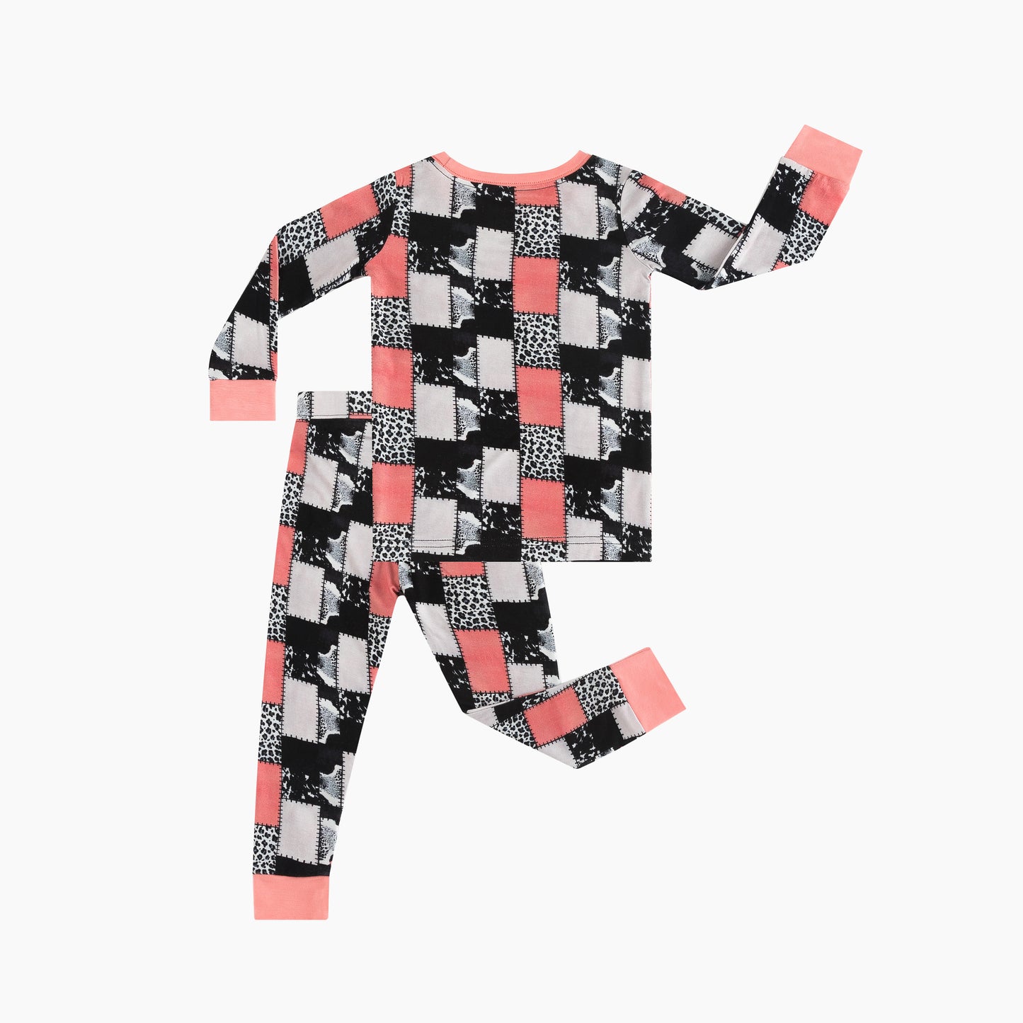 Coral Pink, Black & White Graphic Patchwork Kids Two-Piece Pajama Set