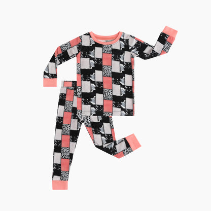 Coral Pink, Black & White Graphic Patchwork Kids Two-Piece Pajama Set