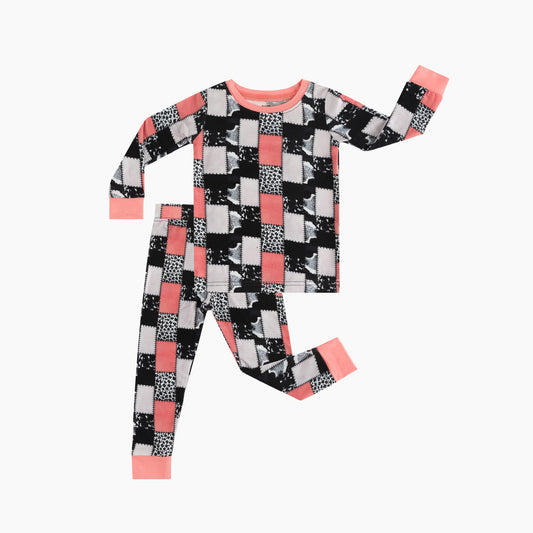 Coral Pink, Black & White Graphic Patchwork Kids Two-Piece Pajama Set