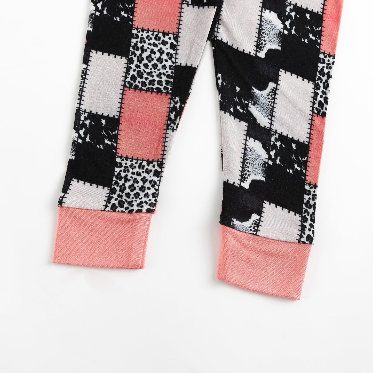 Coral Pink, Black & White Graphic Patchwork Kids Two-Piece Pajama Set